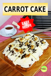 This easy carrot cake recipe is packed with the flavor of walnuts, chocolate chips, and of course, prepared with freshly grated carrots and brown sugar. This homemade carrot cake recipe is simple, straightforward, without cream in between layers, only with cream cheese topping and make use of my glass casserole dish for baking.