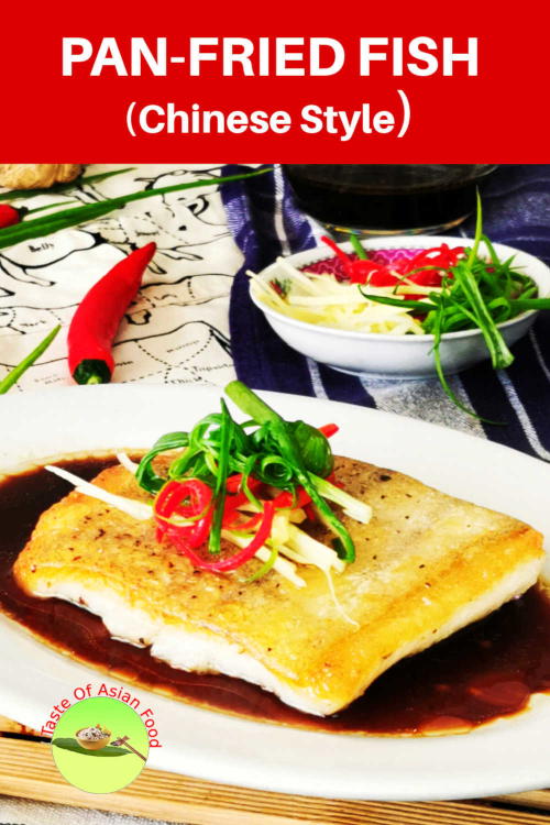 Pan-fried fish fillit with a classic Chinese soy sauce, topped with ginger, scallion and chili. On the whole, it is a hybridized dish of Asian and Western cuisines. The fish is pan-fried entirely in Western-style, and the sauce is authentically Cantonese.