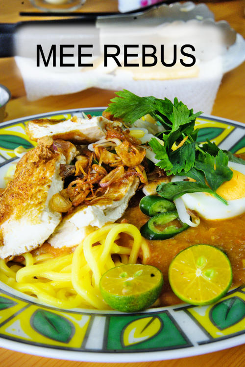 Try Mee Rebus, the Malay-style noodles served with a thick gravy, blended sweet potatoes and spices, topped with egg, tofu, and others.