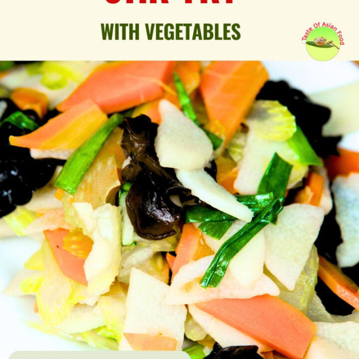 Stir-fried Chinese yam with celery, carrot, and wood ear mushrooms served on a white plate, light and glossy Chinese vegetable dish