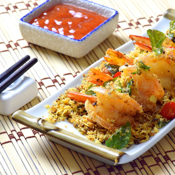 butter prawns with oats and egg floss