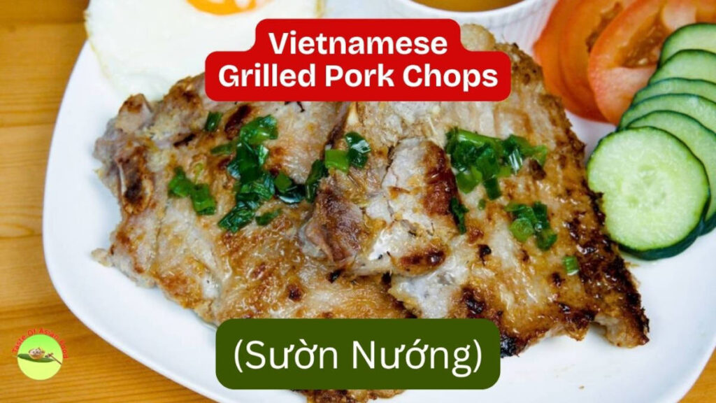 Vietnamese grilled pork chops (Sườn Nướng) served with rice, vegetables, fried egg, Mỡ Hành and Nước Chấm
