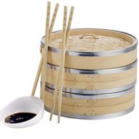 VonShef Premium 2 Tier Bamboo Steamer with Stainless Steel Banding Includes 2 Pairs of Chopsticks and 50 Wax Steamer Liners, Perfect For Steaming Dim Sum Dumplings Buns Vegetables Fish Rice, 10 Inches