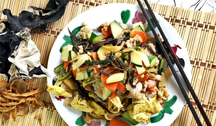 Moo Shu Pork (木须肉) is a traditional Northern Chinese cuisine prepared by stir-frying meat slices, mixed vegetables, and eggs. It is easy to cook, to be served with rice or even as the filing of pancakes.