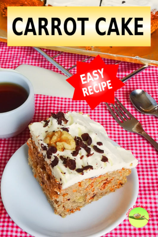This easy carrot cake recipe is packed with the flavor of walnuts, chocolate chips, and of course, prepared with freshly grated carrots and brown sugar.  This homemade carrot cake recipe is simple, straightforward, without cream in between layers, only with cream cheese topping and make use of my glass casserole dish for baking.
