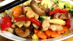Chicken and vegetable stir-fry is quick to prepare, rich in vitamins and minerals with a balanced proportion of protein, carbohydrates, and fibers.