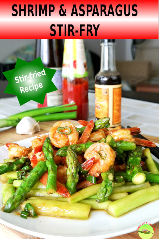 This shrimp and asparagus stir fry has the combination of the intensely savory flavor of the shrimp as a result of the combination of Worcestershire sauce and ketchup, and the lightly seasoned tender-crisp asparagus.