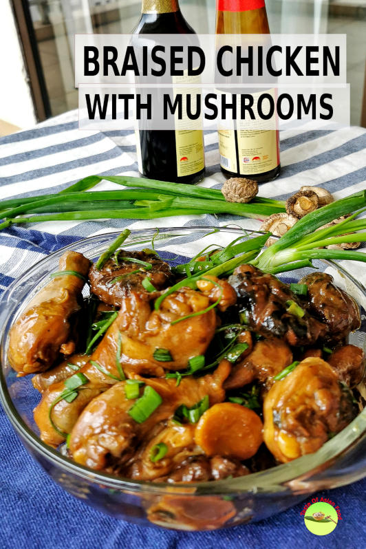 This braised chicken recipe is a typical Cantonese home cook recipe. It is easily upgraded to feature as the main course for the banquet by using the higher grade mushrooms and more elaborate garnish.