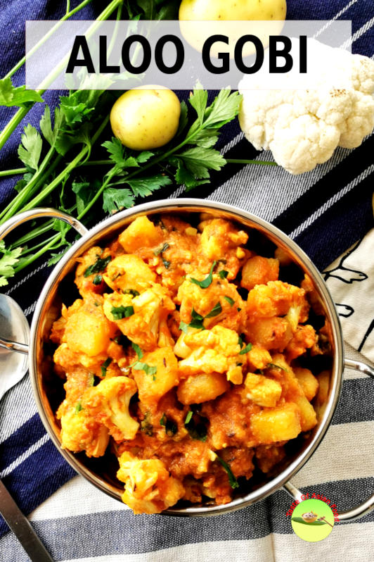 
Aloo gobi (alu gobi) is a classic Indian vegetarian dish made with potatoes and cauliflower.  It is usually cooked with some spices and with onion and tomatoes.
