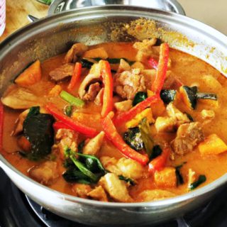 Thai red chicken curry is the best Thai curry, season with kaffir lime and fish sauce to get the authentic flavor. The curry paste is made from scratch.