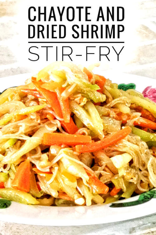 Stir-fry chayote squash recipe with dried shrimp and glass noodles. It can be substituted with a hairy gourd. An old-school Cantonese home-cooked recipe.