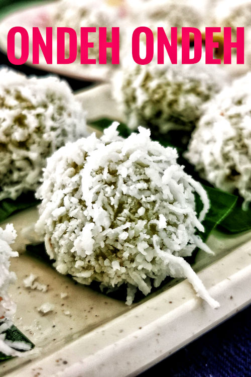 Make ondeh ondeh (also called onde onde, klepon, buah Malaka) with palm sugar, pandan leaves, and glutinous rice flour.  Traditional Malay and Baba Nyonya dessert.
