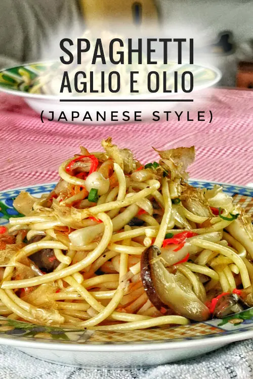 A classic spaghetti aglio e olio with a twist with of flavor. Cook with Japanese stock (dashi) and Asian mushrooms, and bonito flakes.