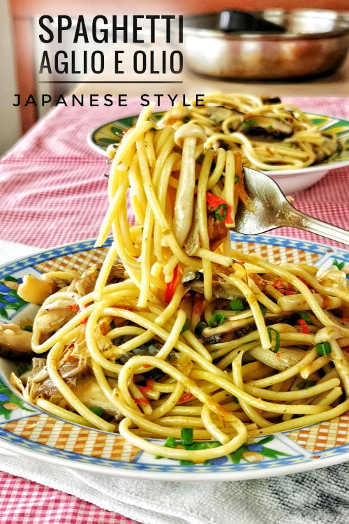 A classic spaghetti aglio e olio with a twist with of flavor. Cook with Japanese stock (dashi) and Asian mushrooms, and bonito flakes.