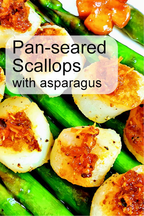 Pan-seared scallops recipe with asparagus stir-fry. An easy Cantonese-style recipe. It is topped with XO sauce for an incredible flavor.