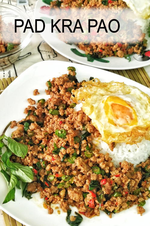 Pad Kra Pao prepared with basil and pork has an authentic Thai flavor. Best to eat with a Thai-styled fried egg and white rice.
