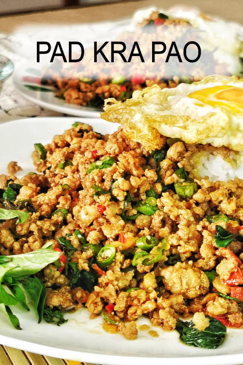 pad kra pao prepared with basil and pork has an authentic Thai flavor. Best to eat with a Thai-styled fried egg and white rice.

