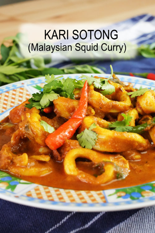 Kari sotong (squid curry) is made with Malaysian curry powder. Best dry curry serves with rice, roti canai, and naan.