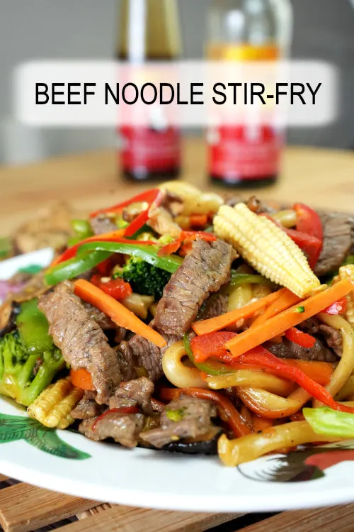Tasty beef noodle stir-fry with pepper steak slices and Chinese stir-fry sauce. Easy to prepare in 20 minutes.