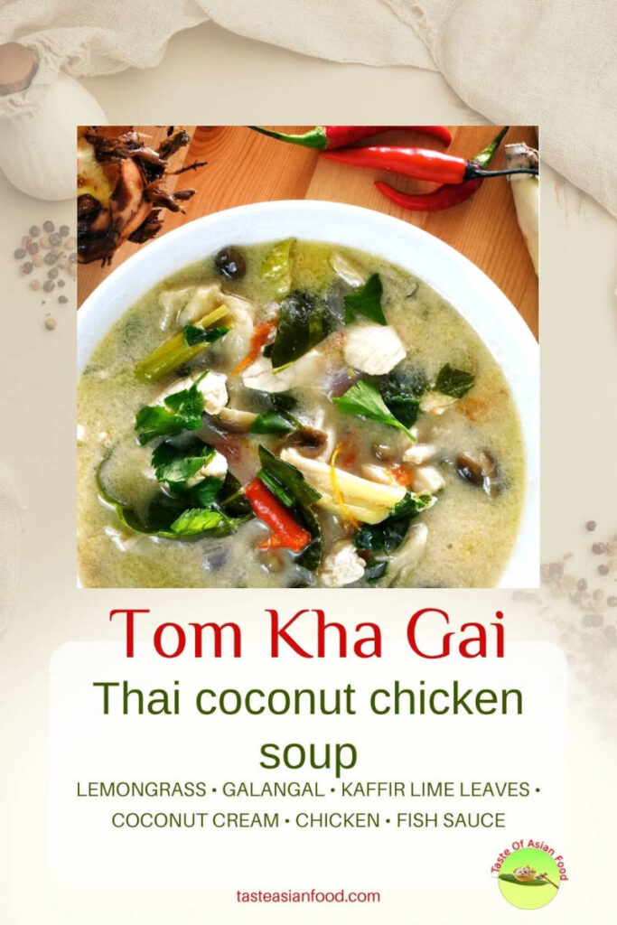 Homemade Tom Kha Gai soup served with coconut cream broth, chicken, and fresh coriander garnish