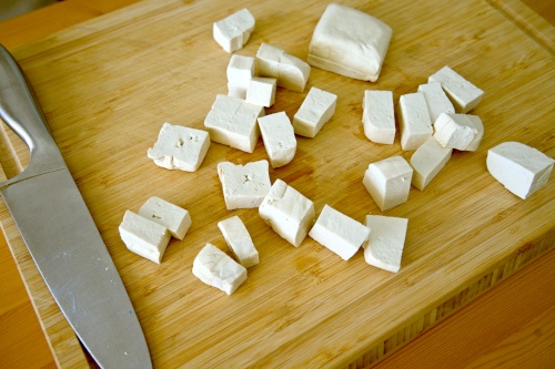 Cut the tofu into one to one and a half inch cubes.