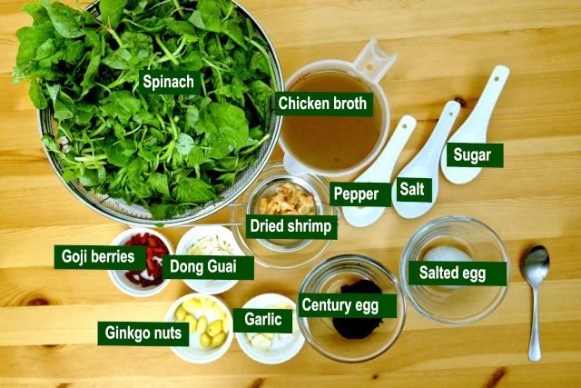 Ingredients required to prepare the Chinese Spinach Soup