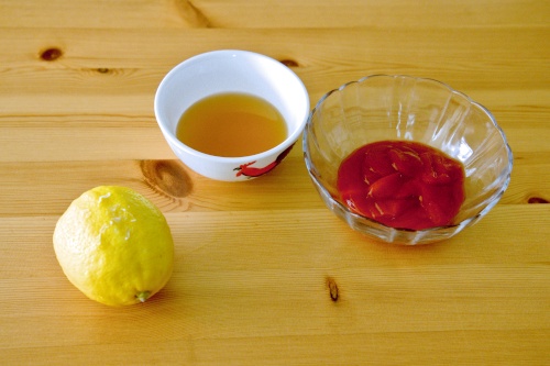 Primary ingredients for the sweet and sour sauce: Plum sauce, lemon juice, and ketchup.