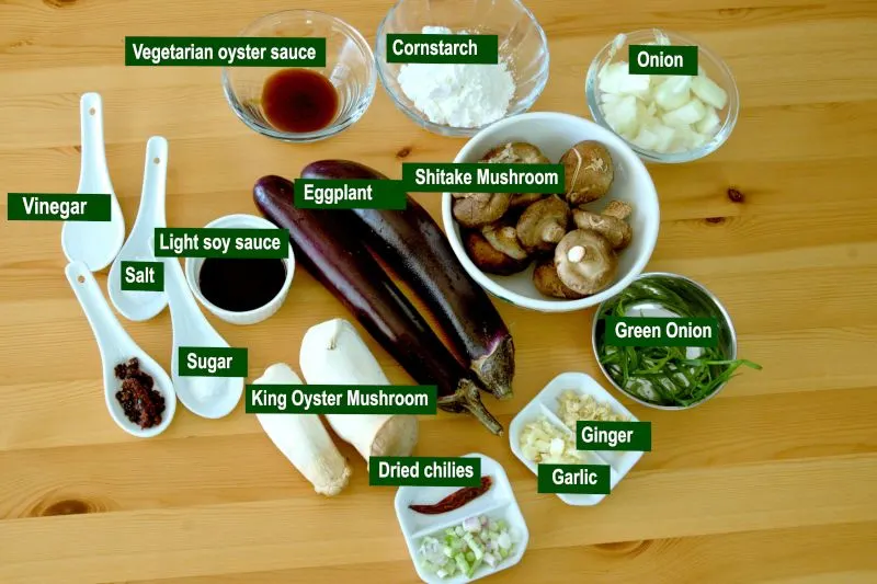 Ingredients needed for eggplant and mushroom stir-fry