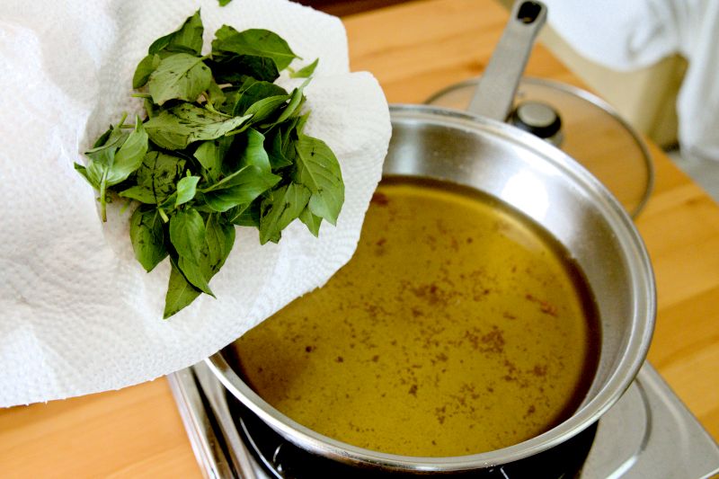 Deep-fry the basil leaves