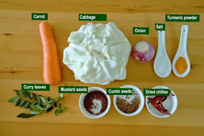 Ingredients needed for cabbage thoran