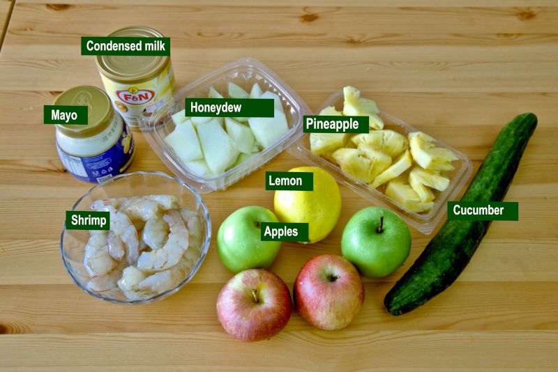 Ingredients needed for the Cantonese fruit and shrimp salad