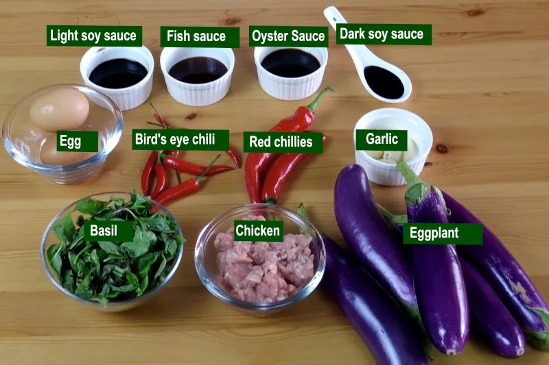 Ingredients required to prepare Thai stir-fried eggplants