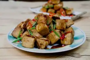 Crispy tofu with soy sauce&ndash;infused flavor