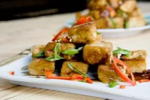 Crispy tofu with soy sauce&ndash;infused flavor