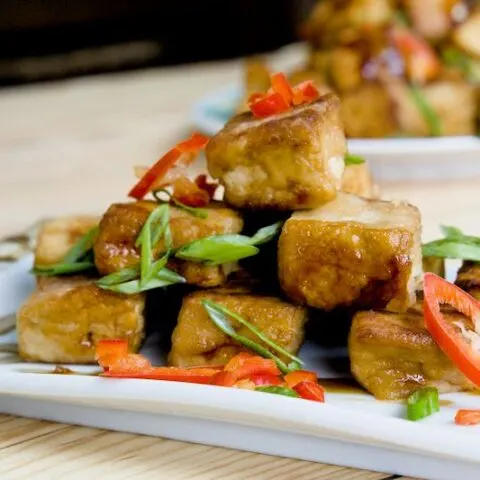 Crispy tofu with soy sauce&ndash;infused flavor