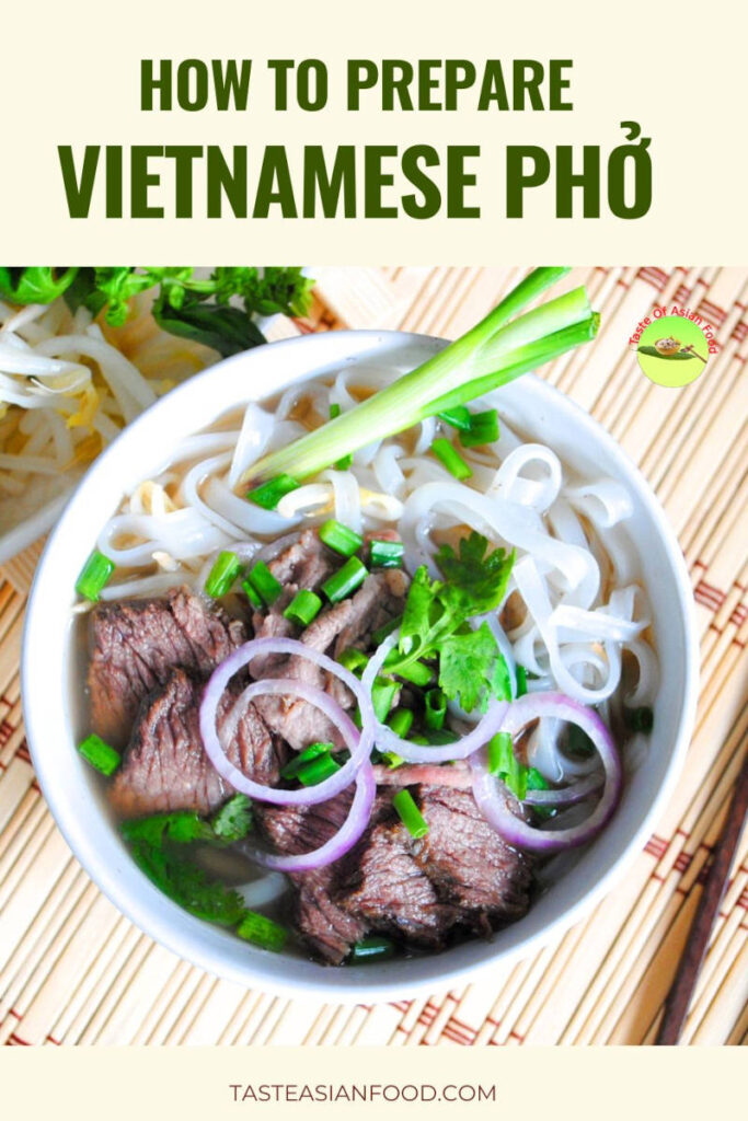 Vietnamese beef pho served in a bowl with clear broth rice noodles brisket fresh herbs
