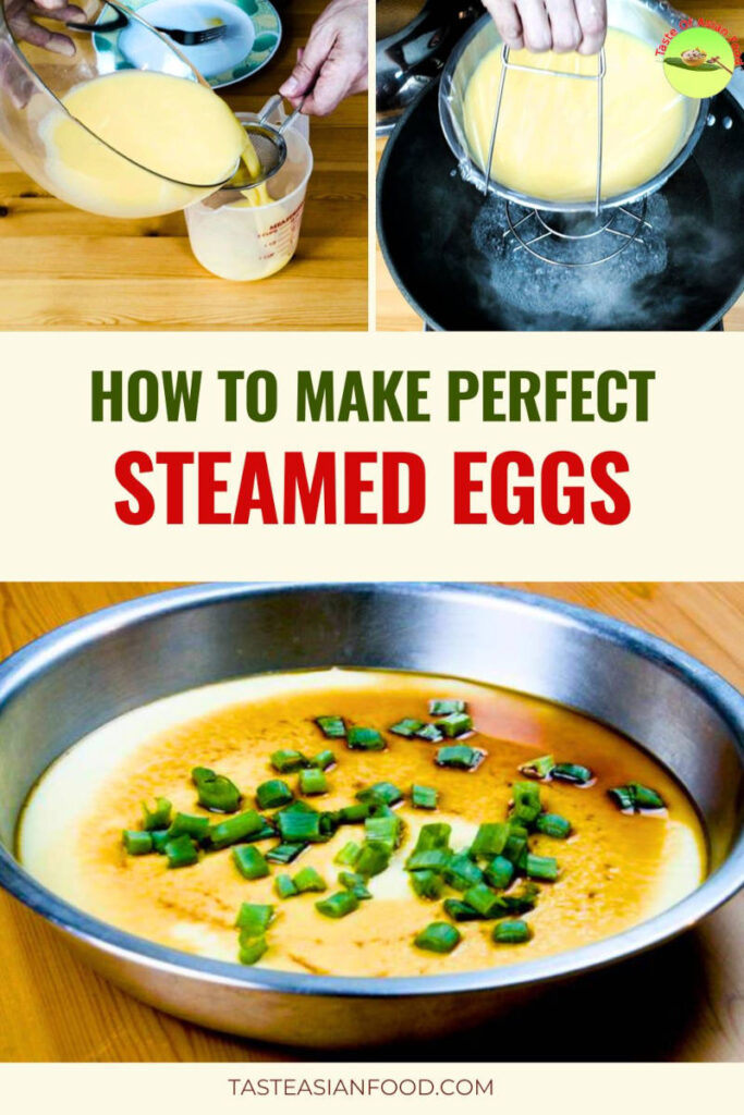 Smooth and silky Chinese steamed eggs with a glossy surface, topped with light soy sauce and chopped spring onions