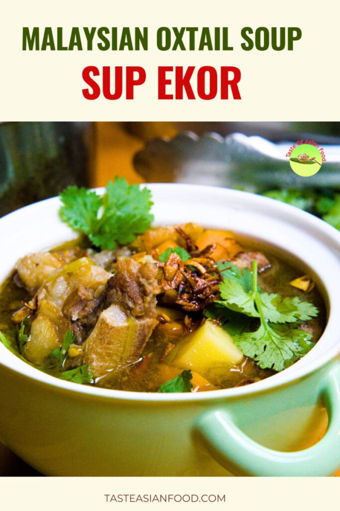 Close-up of Sup Ekor, a Malaysian oxtail soup with aromatic spices, fall-off-the-bone meat, vegetables, and a light, flavorful broth ready to serve