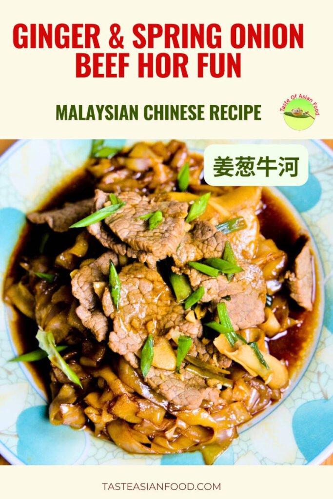 Close-up of Malaysian-style Beef Hor Fun with ginger and spring onion, featuring tender beef slices, silky flat rice noodles, and savory wok-fried sauce.