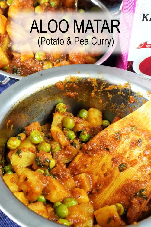 A bowl of Indian Aloo Matar curry featuring soft potatoes, green peas, and aromatic spices
