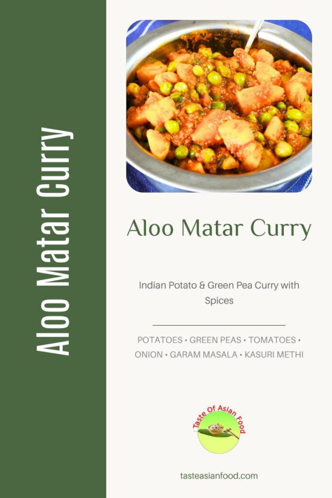 A bowl of Indian Aloo Matar curry featuring soft potatoes, green peas, and aromatic spices